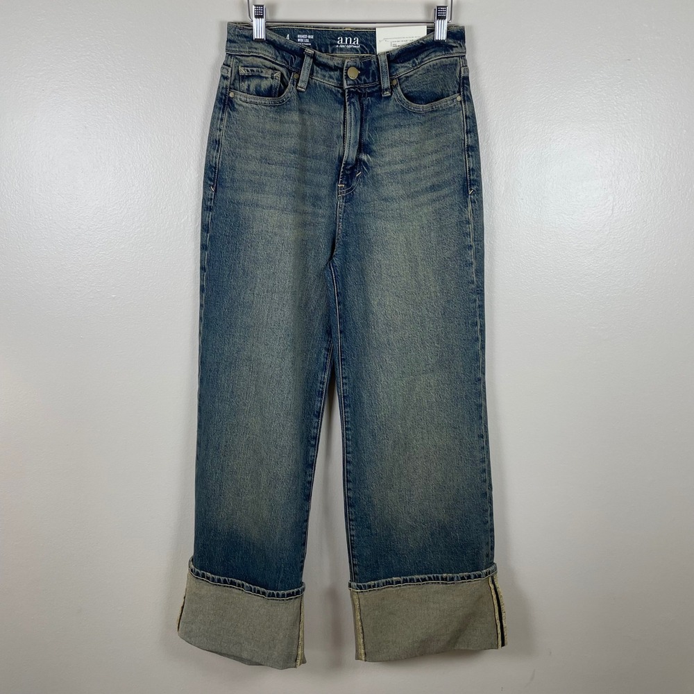 a.n.a Women's 4 Highest-Rise Wide Leg Jeans Blue Dark Willow Cuffed 90s Y2K NEW